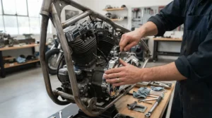 Assembling custom parts with a professional wrench set for motorcycle repair.