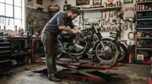 A professional mechanic relying on a heavy-duty wrench set for motorcycle repair in a busy shop.