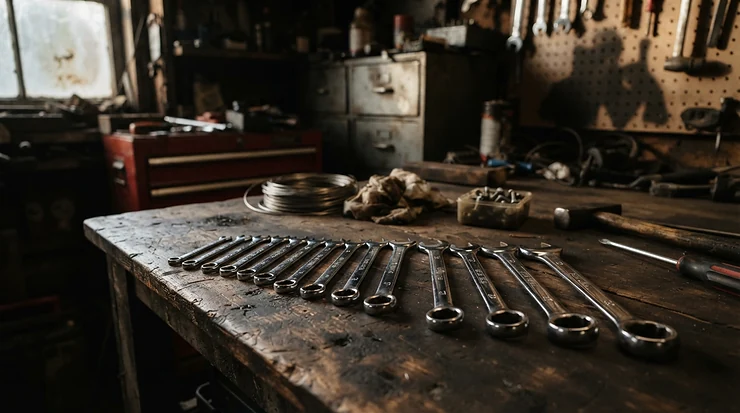 A comprehensive metric wrench set for motorcycle repair laid out neatly on a workbench next to a vintage bike.