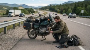A rider using a portable wrench set for motorcycle repair during a quick roadside fix.