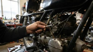 A specialized wrench set for motorcycle repair being used to reach tight carburetor bolts.