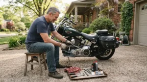 Weekend garage maintenance using a reliable wrench set for motorcycle repair.